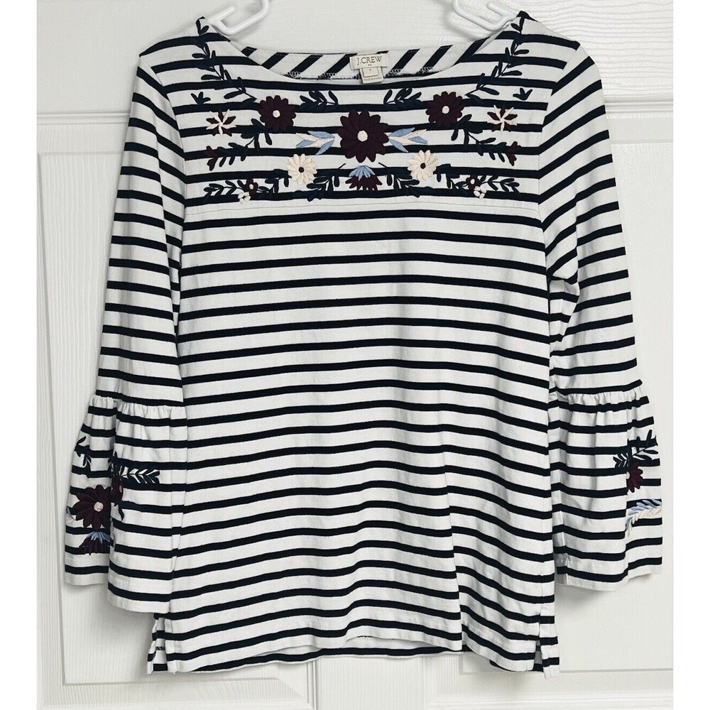 J.Crew G7322 Floral Embroidered Striped 3/4 Bell Sleeve Top Blouse Cotton Sz. S